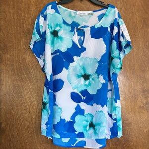 Calvin Klein Blue and Aqua Floral Keyhole Blouse